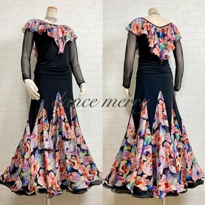 ★送料無料★【MERRY】ツーピース 2800 黒 赤 オレンジ カラフル 社交ダンス 上下セット トップス+スカート 豪華 パーティー シフォン