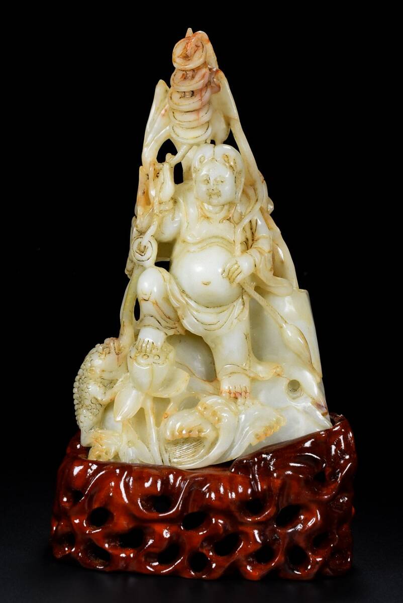 秘藏 清 玉彫 老和田玉 劉海戯金蟾 極細工 中国古玩 古美術 骨董品 O-02