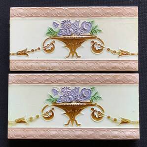 マジョリカタイル 日本製 花柄デザイン 2枚セット 大正~昭和 タイル 美品 -184