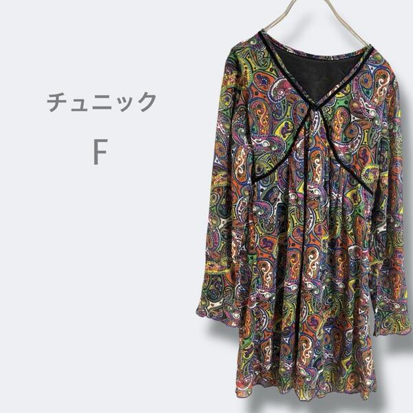 2312ペイズリー柄 長袖チュニック【F】Vネック 総柄 洗える 個性的 Y2K