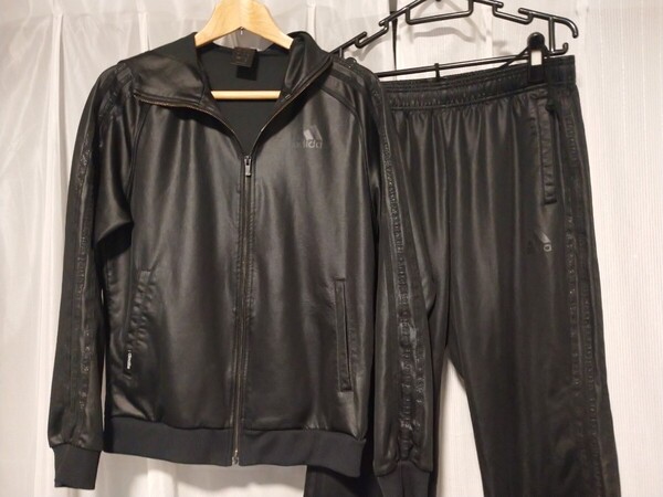 コーティング パーカー adidas ブラック × 黒 光沢系 パーカー ジャージ フーディ トラックジャケット 00s M LL セットアップ 上下 セット
