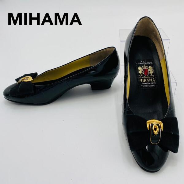 MIHAMA ミハマ パンプス エナメル リボン 金具 黒 ゴールド