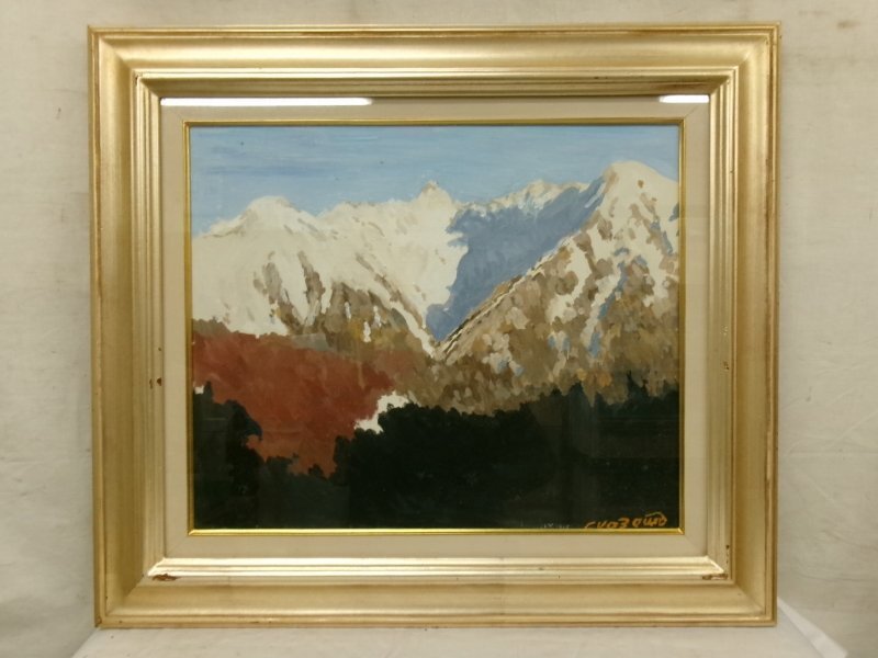 真作】絵画 小川博 日本画4号 妙高 荘厳な雪山と湖 箱・黄袋入 U137