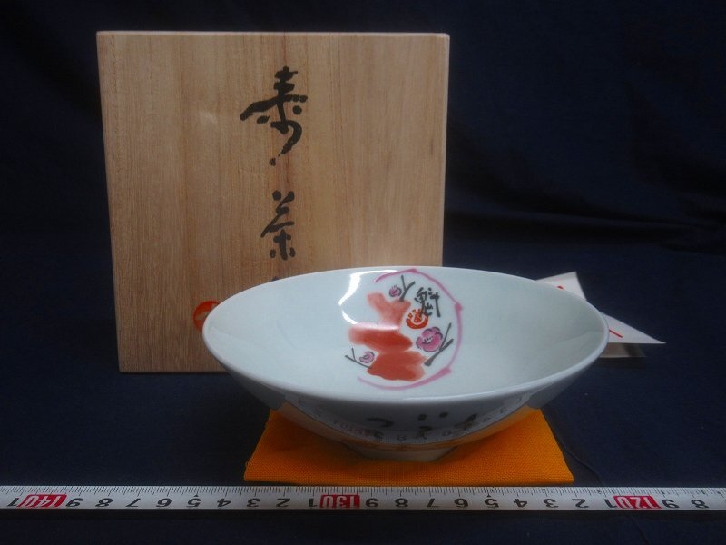 七代窯元大塩正人 赤膚焼 清水公照絵付茶碗 共箱 M1503