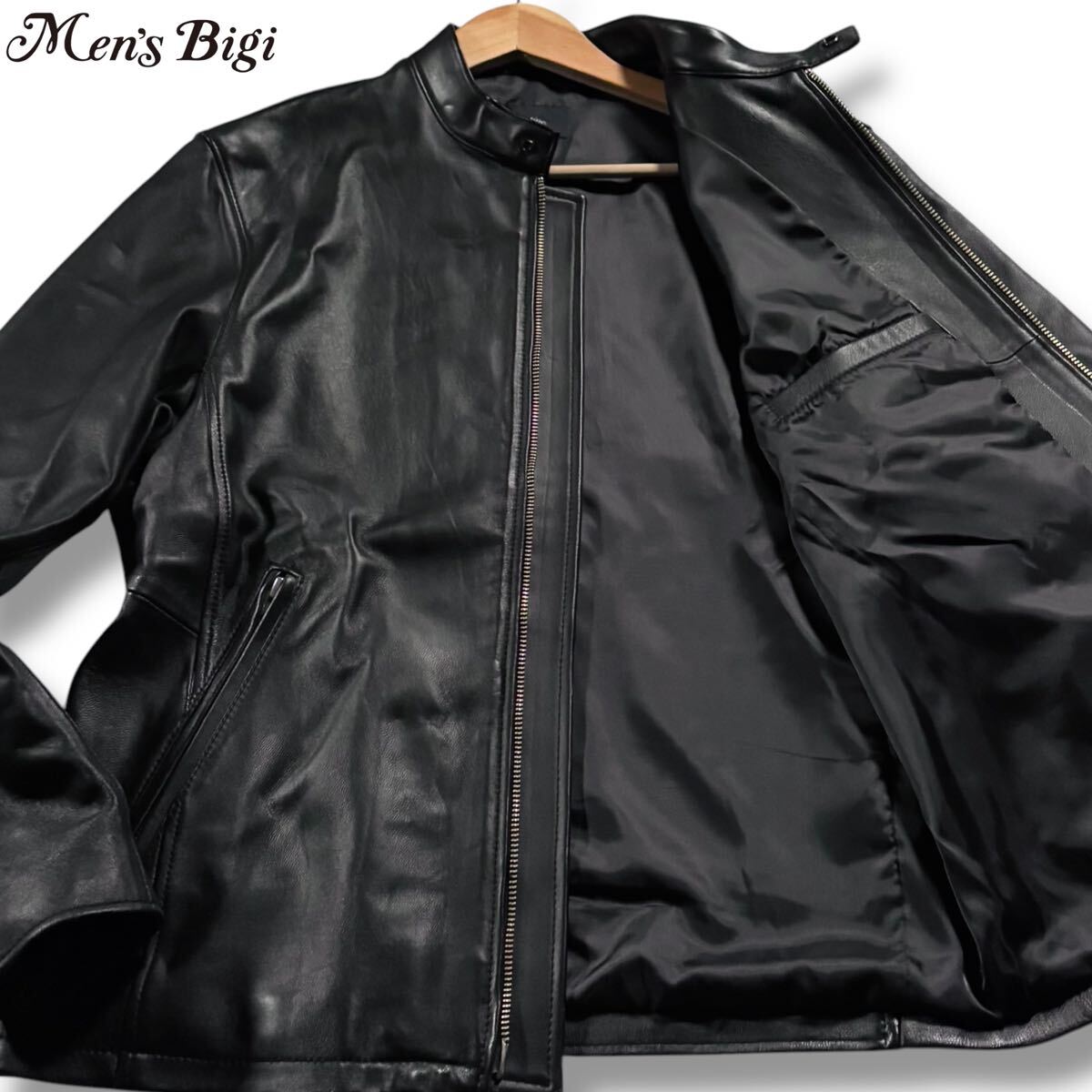 美品/Lサイズ○メンズビギ MEN'SBIGI ライダース ラムレザー