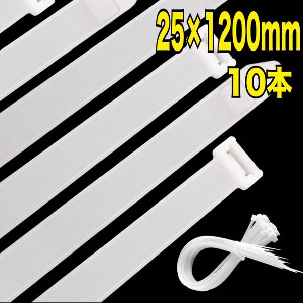 結束バンド 白 25×1200mm 屋内外 耐久 UV耐性 10本入 ポリプロピレン ワイド 超重負荷 耐寒性 耐紫外線性