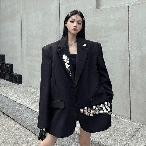 ブレザー ジャケット 羽織 アウター 長袖 シンプル カジュアル レディース L ブラック