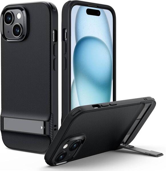 iPhone 15 Plus ケース メタルキックスタンドケース 3wayスタンドモード 米軍MIL規格 キックスタンド付き black Boostシリーズ I399