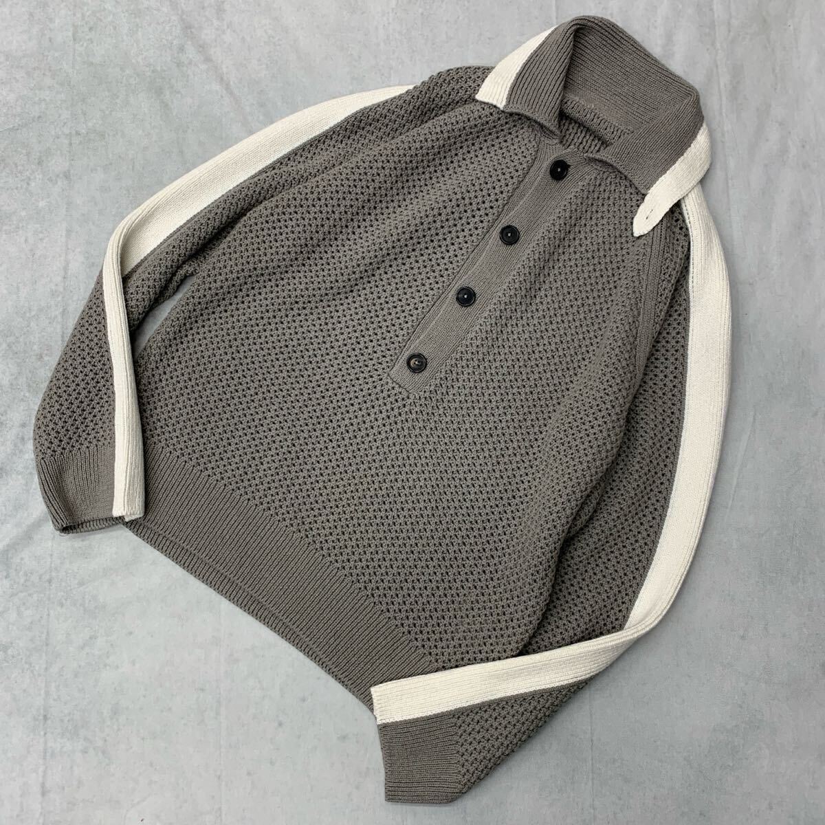 美品 HERMES 23SS ポロニット サイドライン セーター 長袖 コットン カシミア グレー ホワイト バイカラー メンズ 現行 イタリア製