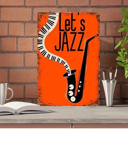 【ブリキ看板】Jazzアート《Let's Jazz》A4インテリア●ビンテージ加工ブリキ製