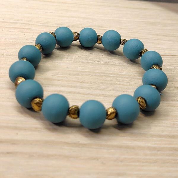 ブレスレット ウッド ビーズ くすみターコイズブルー ハンドメイド アクセサリー