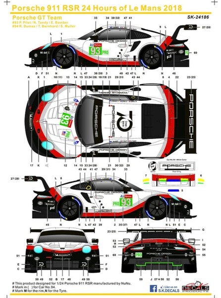 即決 新品 1/24 SKデカール SK24186 Porsche ポルシェ 911 RSR Le Mans 2018 Porsche GT Team #93 & #94 送料無料