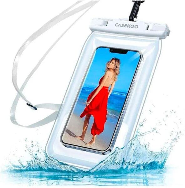 CASEKOO スマホ 防水スマホケース BB1674 IPX8認定 完全防水 水に浮く クリア 顔認証 お風呂 最大6.7インチ ホワイト