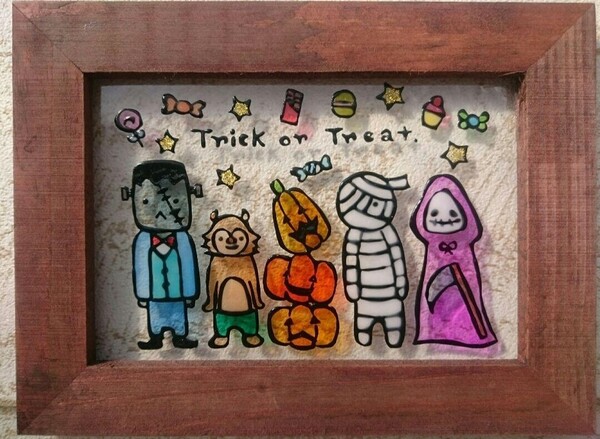 送料込!ステンドグラス風 ハロウィン モンスター トリックオアトリート イラスト インテリア雑貨 グラスアート 10月 ハンドメイド