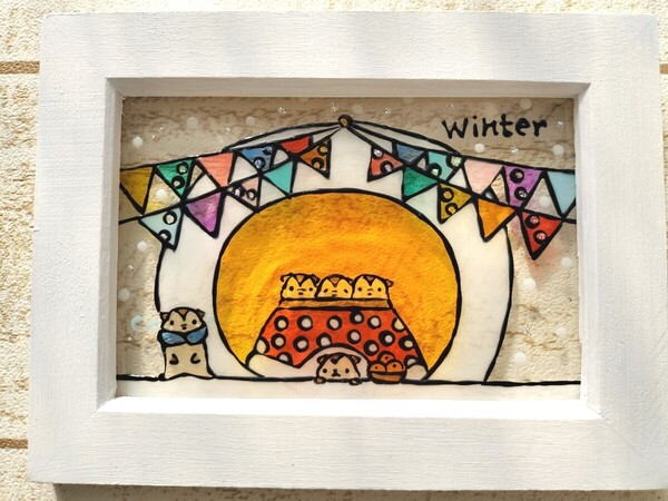 送料込!ステンドグラス風 ハムスターとかまくら 冬 雪 ガーランド グラスアート イラスト インテリア雑貨 プレゼント ハンドメイド