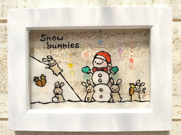 送料込!ステンドグラス風 雪だるまとうさぎ 星 イラスト インテリア雑貨 グラスアート プレゼントにも 冬 ハンドメイド
