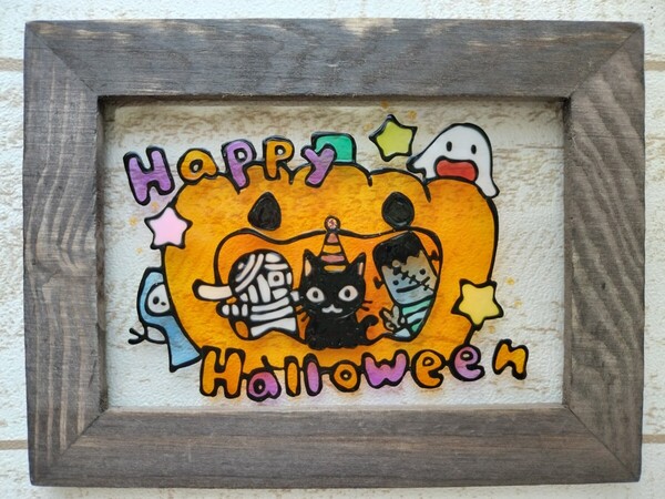 送料無料!ステンドグラス風 カボチャとモンスター ハロウィン Halloween イラスト インテリア雑貨 グラスアート ハンドメイド