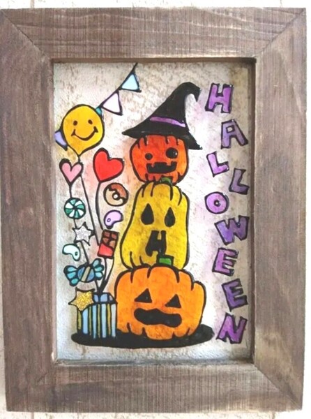 送料込!ステンドグラス風 ハロウィン カボチャとバルーン グラスアート インテリア雑貨 イラスト ハンドメイド
