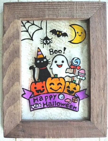 送料込!ステンドグラス風 ハロウィン カボチャ 黒猫 イラスト インテリア雑貨 グラスアート 10月 ハンドメイド