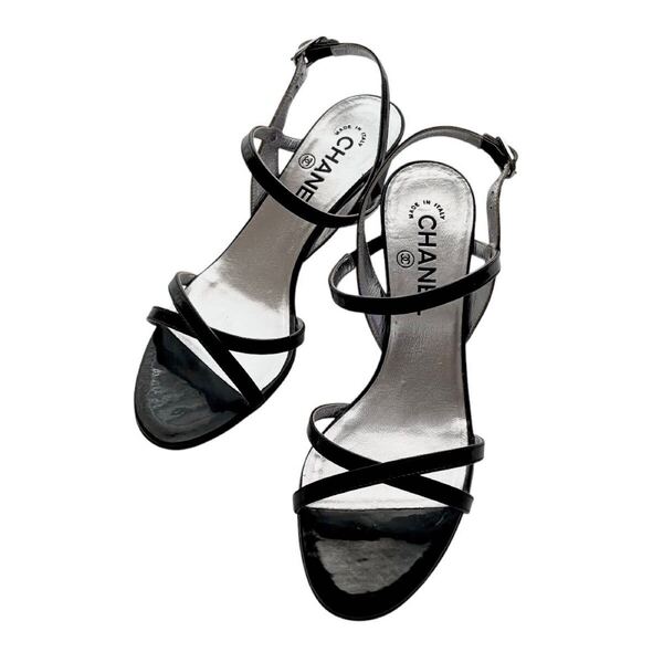 CHANEL シャネル エナメル ストラップサンダル ブラック シルバー 37C