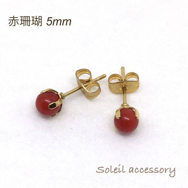422【赤珊瑚】天然石一粒ピアス*5mm
