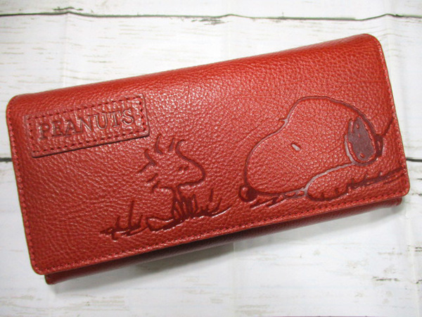 新品 財布 レディース 長財布 かぶせ スヌーピー SNOOPY ブランド 本革 スヌーピーとウッドストックの Friends レッド1点