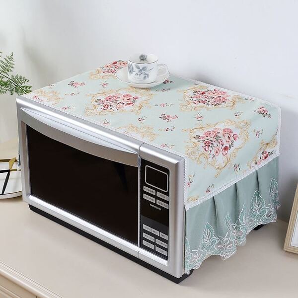 新発売 電子レンジカバー マルチカバー フリル付き レース 刺繍 花柄 グリーン