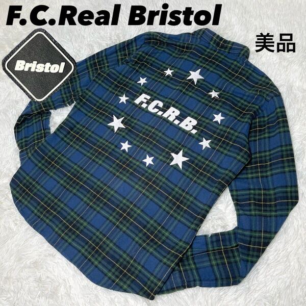 美品 エフシーレアルブリストル F.C.Real Bristol 長袖シャツ ネルシャツ 刺繍ロゴ ワッペン スター グリーン アパレル メンズ ネイビー M