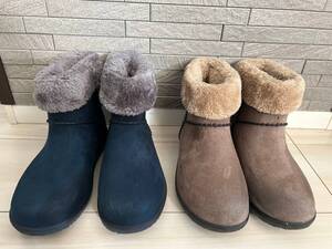 送料無料 2足セット UNIQLO ブーツ 21.0cm ユニクロ ネイビーブルー ブラウン ベージュ ワンオーナー ブランド シューズ ムートン 美品