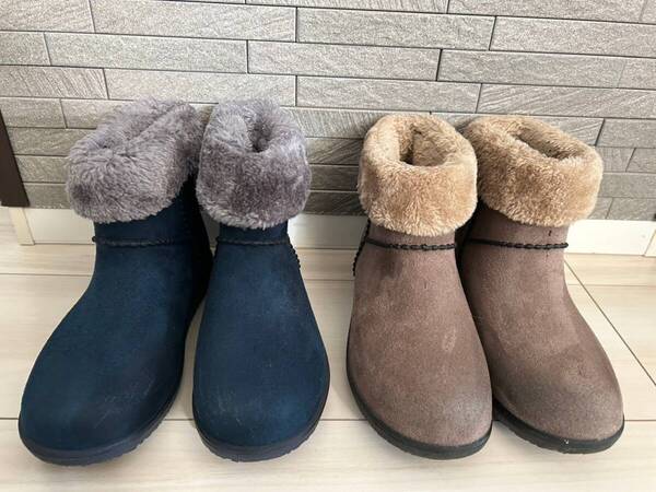 送料無料 2足セット UNIQLO ブーツ 21.0cm ユニクロ ネイビーブルー ブラウン ベージュ ワンオーナー ブランド シューズ 黒 美品