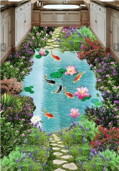 C437 巨大 3D フロアマット 1.3m*2.2m* 和モダン 形成池 鯉 滝 風景 景色 リフォーム 防音 断熱 滑り止めシート 床 壁 天井 はがせるシール