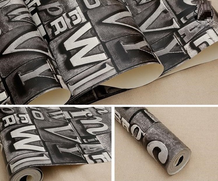 3D ウォールペーパー 【ビンテージロゴ×グレー】 英字 53cm×50m アンティーク DIY のりなし 壁紙 クロス リメイク 欧米
