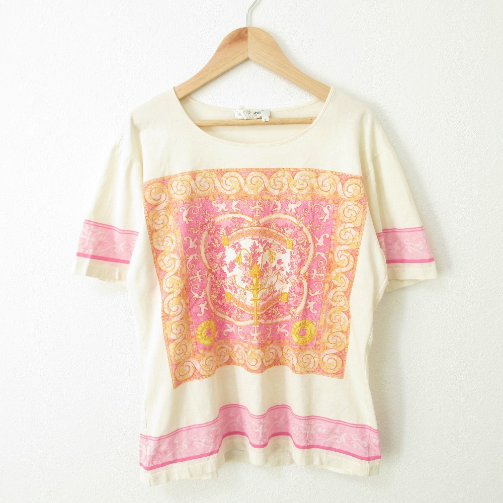 美品 CELINE セリーヌ ヴィンテージ スカーフプリント 半袖 ショートスリーブ ラウンドネック Tシャツ カットソー S ピンク系