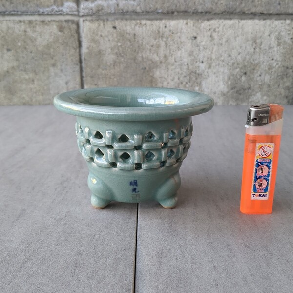 青磁スカシフーラン鉢 明光陶芸研究院 4号 中古 富貴蘭 フーラン 長生蘭 野生ラン