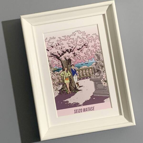 ■わたせせいぞう■「桜満開」/2L額装品/スタンド付/貴重イラスト/印刷物/インテリア G2043