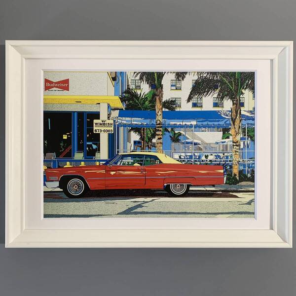 ■鈴木英人■「OCEAN DRIVE 1988」/A4マット額装品/スタンド付/貴重イラスト/印刷物/インテリア G2113