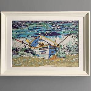 ■鈴木英人■「THE BOAT WITHOUT LIFE SAVER 1991」/A4マット額装品/スタンド付/貴重イラスト/印刷物/インテリア G2156