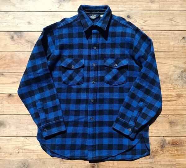 送料無料♪USA製Woolrich ウールリッチ ヘビーネルシャツ size L(XL相当) 青×黒 85%ウール15%ナイロン 美品 アメリカ製古着 vintage