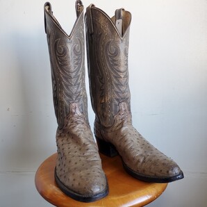 1073◆【US7位】DAN POST オーストリッチ ウエスタンブーツ グレー系 刺繍 レザー 本革 エキゾチックレザー 中古 USED 古着