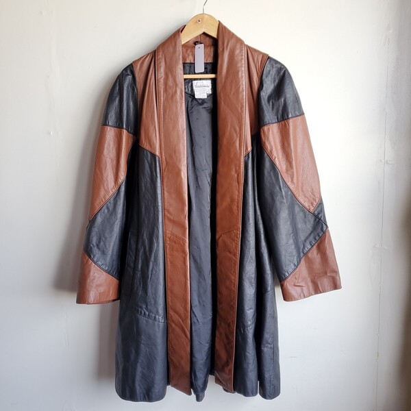 1084◆【sizeM】80s Larner レザーコート ガウン ツートン 茶×黒 ブラウン ブラック 中古 USED vintage 古着