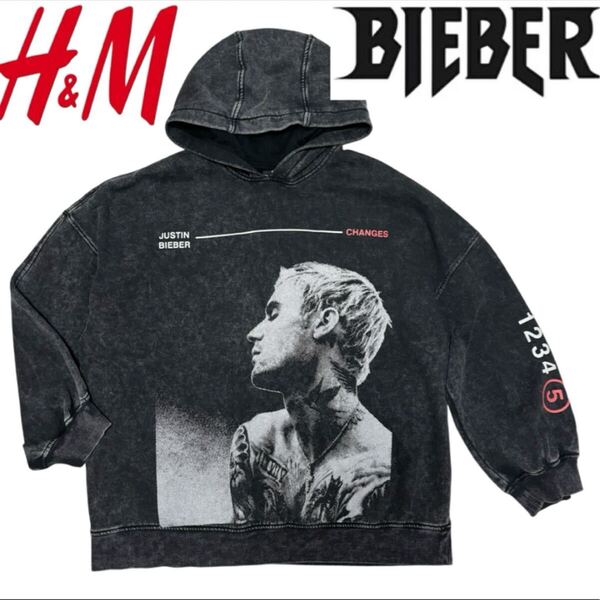 良品■H&M ジャスティンビーバー■コラボ ヴィンテージ加工 スウェットパーカー L 黒 ブラック 限定 完売品 Justin Bieber CHANGES