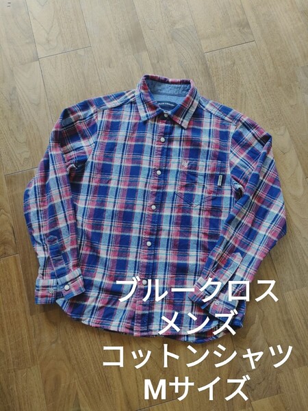 ブルークロス メンズ コットン チェック柄 長袖 シャツ ネイビー M