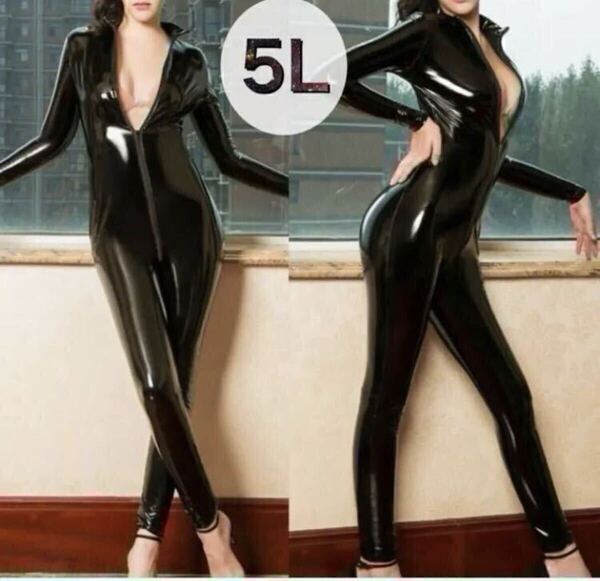 5L 4XL 光沢 フェイクレザー ボディスーツ キャットスーツ セクシー フェイクレザー 女王様 ボンテージ ブラック 黒 峰不二子 XXXXL