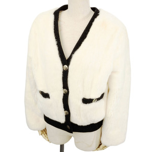 コペンハーゲンファー KOPENHAGEN FUR ミンク ニット ジャケット ホワイトxブラック レディース 毛皮 42(M~L位) ショート丈 中古