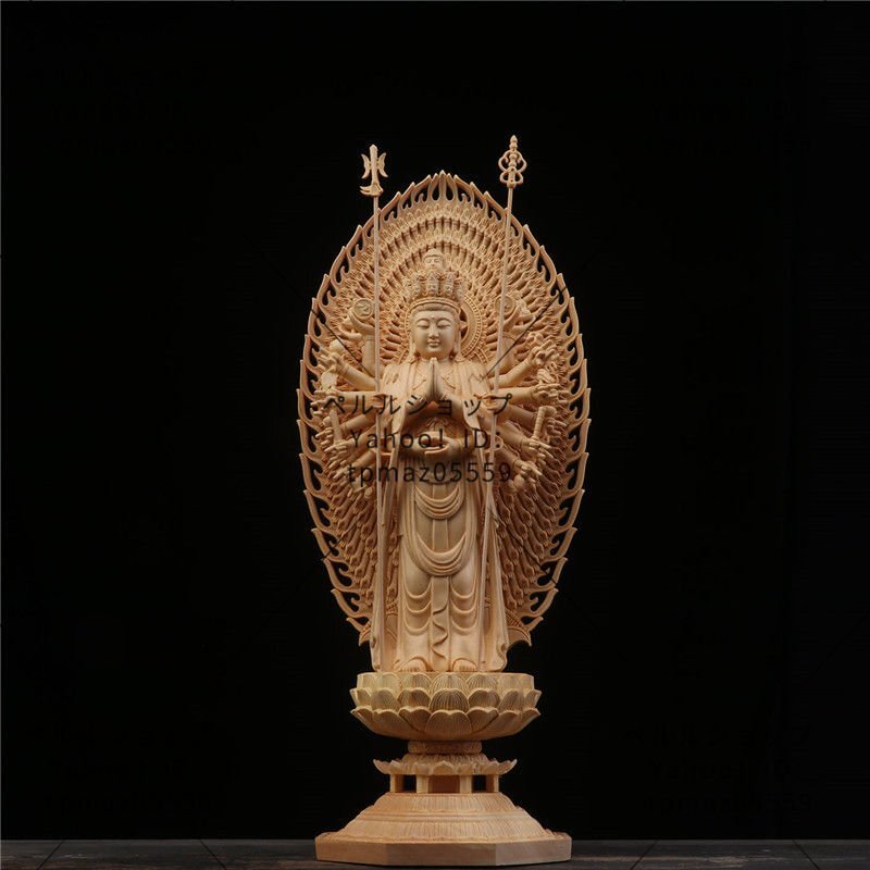 仏教美術 精密彫刻 仏像 手彫り 八角台座 桧木製 千手観音菩薩 高さ約43cm