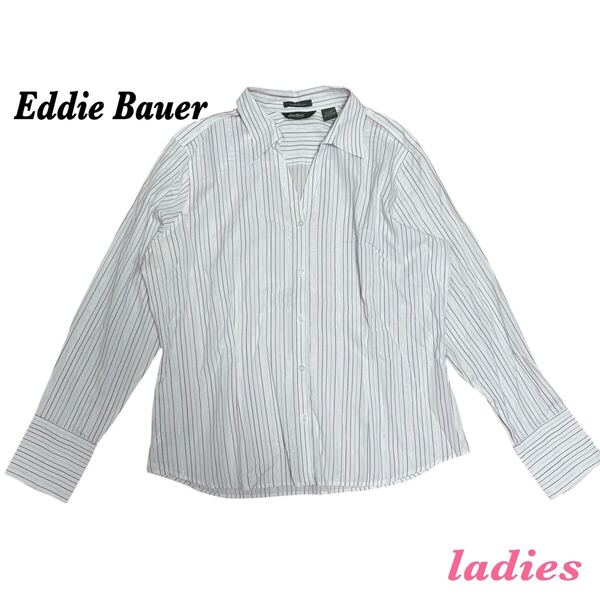 美品 Eddie Bauer エディーバウワー ストライプ 長袖 シャツ vネック レディース Lサイズ コットン