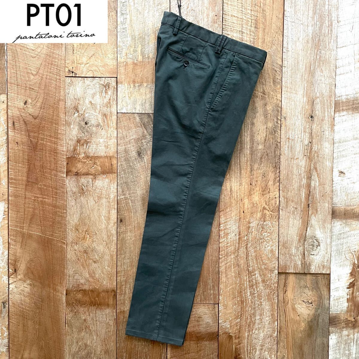 【美品】PT01 ピーティーゼロウーノ SUPER SLIM FIT テーパード コットン スラックス パンツ 42 オリーブ BEAMSF取扱
