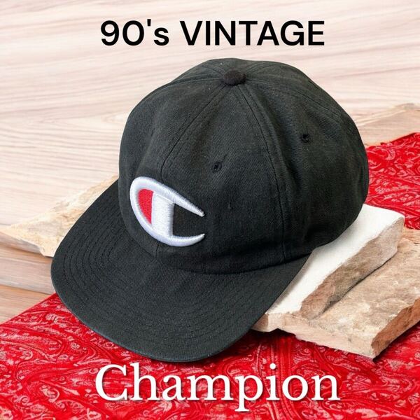90's VINTAGE Champion 6パネル コットン キャップ ビンテージ 90年代 チャンピオン デカロゴ 刺繍 古着 フリーサイズ 男女兼用 帽子 CAP