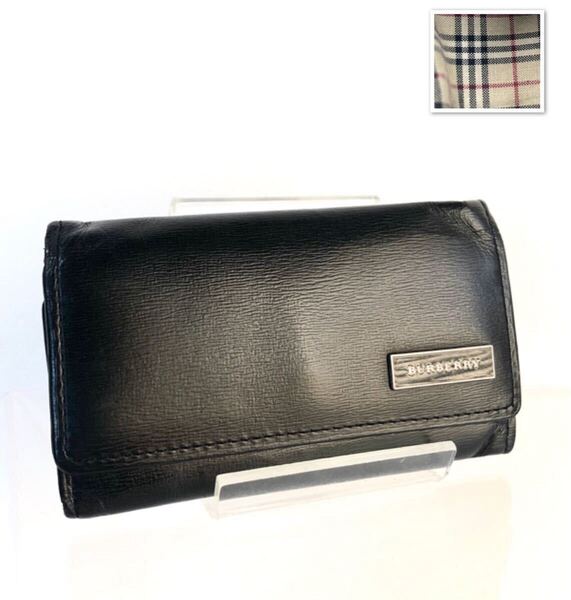 BURBERRY バーバリー ロゴプレート 5連キーケース レザー 本革 ブラック×内側ノバチェック シルバー金具 メンズ