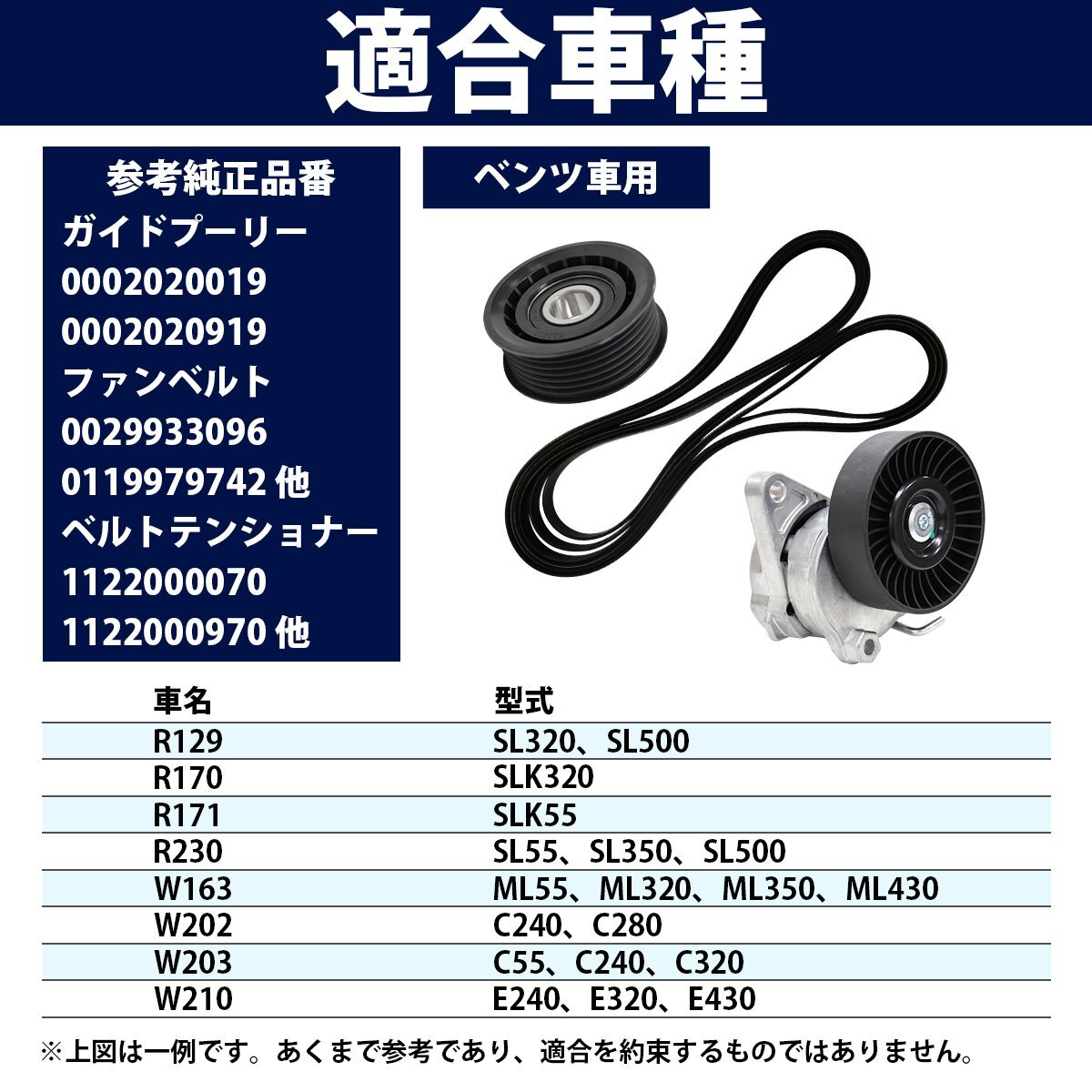 [3点set] ガイドプーリー + ファンベルト + ベルトテンショナー ベンツ R129 SL320 SL500 112-200-0970 000-202-0919